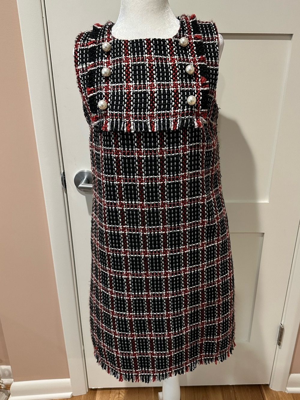 Molly Bracken size Small pearl plaid holiday dress with silver metallic thread